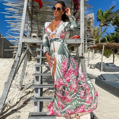 Beach Dress Summer Floral Swimsuit Print Belt Bathing Suit Women Long Cover Up Off Shoulder Beachwear Bandeau Halt Swimsuit