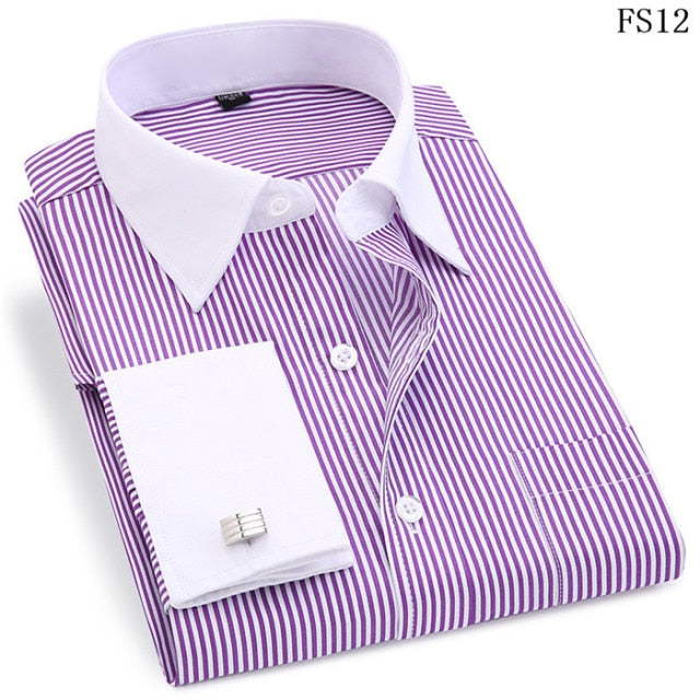 High Quality Striped For Men French Cufflinks Casual Dress Shirts Long Sleeved White Collar Design Wedding Tuxedo Shirt 6XL