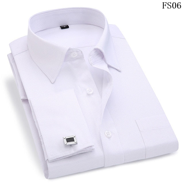 High Quality Striped For Men French Cufflinks Casual Dress Shirts Long Sleeved White Collar Design Wedding Tuxedo Shirt 6XL