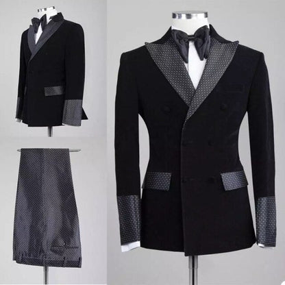 Men Black Double Breasted Wedding Groom Suit With Pants Tuxedo For Men Wedding Suits Prom Best Man Suit (Jacket+Pants+Bow)