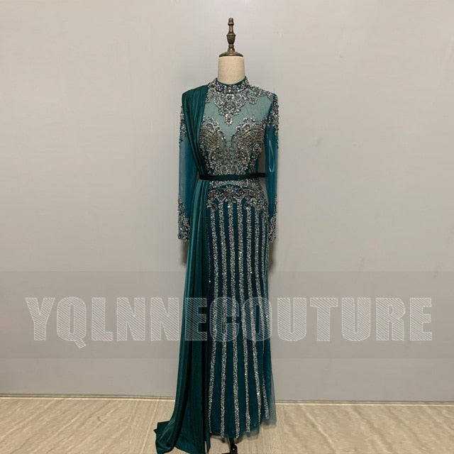 Couture Collection Gray Muslim Rhinestones Evening Dresses High Neck Dubai Long Sleeve Mermaid Gown For Women Party