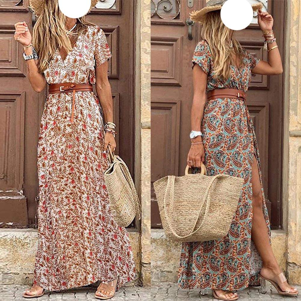 Fashion Boho Dress Long Dress Women Casual V Neck Short Sleeve Retro Print Belt Hem Beach Dresses Elegant Sundress Robe Femme