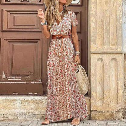 Fashion Boho Dress Long Dress Women Casual V Neck Short Sleeve Retro Print Belt Hem Beach Dresses Elegant Sundress Robe Femme