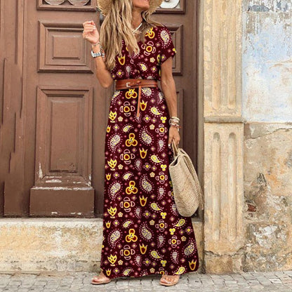 Fashion Boho Dress Long Dress Women Casual V Neck Short Sleeve Retro Print Belt Hem Beach Dresses Elegant Sundress Robe Femme