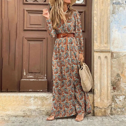 Fashion Boho Dress Long Dress Women Casual V Neck Short Sleeve Retro Print Belt Hem Beach Dresses Elegant Sundress Robe Femme