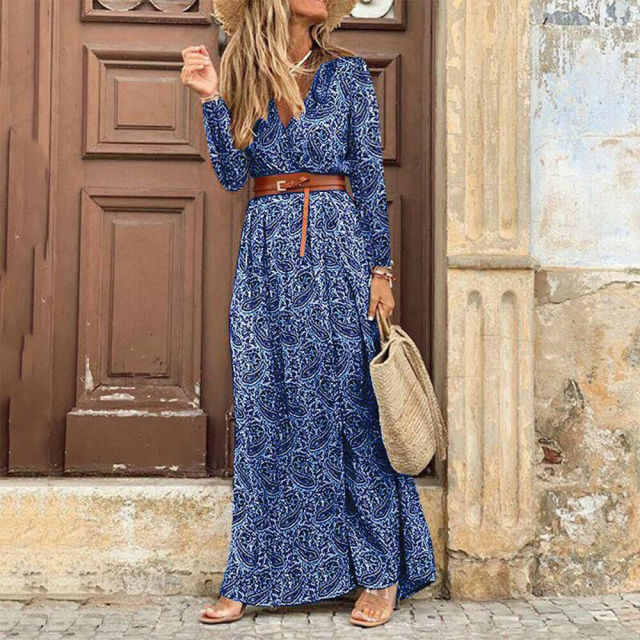 Fashion Boho Dress Long Dress Women Casual V Neck Short Sleeve Retro Print Belt Hem Beach Dresses Elegant Sundress Robe Femme