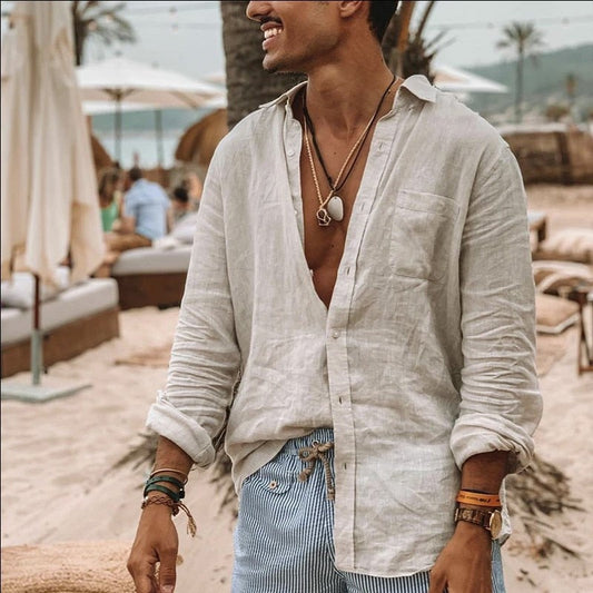 maoxiangshop Summer Cotton And Linen Shirt Men Fashion Solid Long Sleeve Tops Shirts Men's Casual Turn-Down Collar Blusa Stretwears