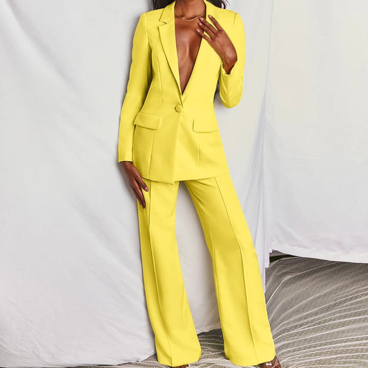 Two Piece Women Business Blazer Set Office Lady Solid Colors Formal Suits with Buttons New Pink Yellow Commute Blazer Pants Set