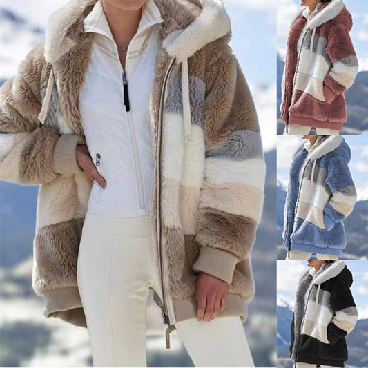 Winter Women's Jacket Plush Patchwork Zipper Pocket Hooded Jacket Fur Woman Coat Plus Size Thick Warm Women Top Winter Outerwear