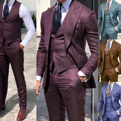 maoxiangshop Brown Classic Men Suit 3 Pieces Tuxedo Peak Lapel Groomsmen Wedding Suits Set Fashion Men Business Blazer Jacket+Pants+Vest