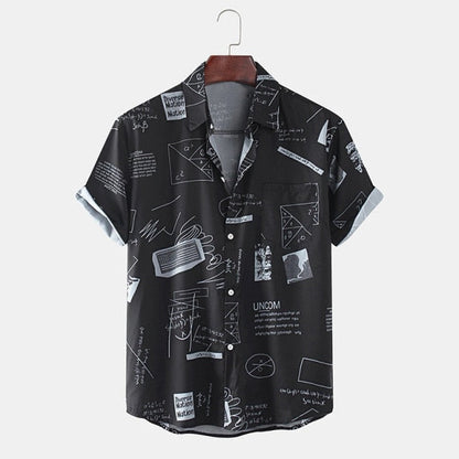Hawaiian Shirts Mens Funny Abstract Cartoon Slogan Chest Pocket Short Sleeve Shirts Summer Beach Blouse Tops Chemise Homme