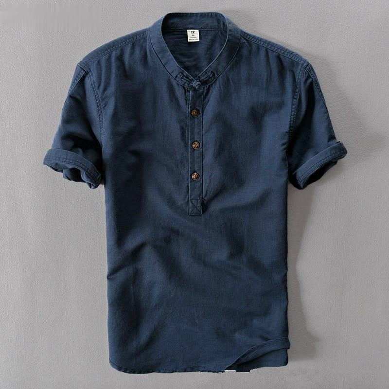 Helisopus Men Casual Cotton Linen Shirts Summer Brand Short Sleeve Shirt Mandarin Collar Solid Color Retro Shirt Tees