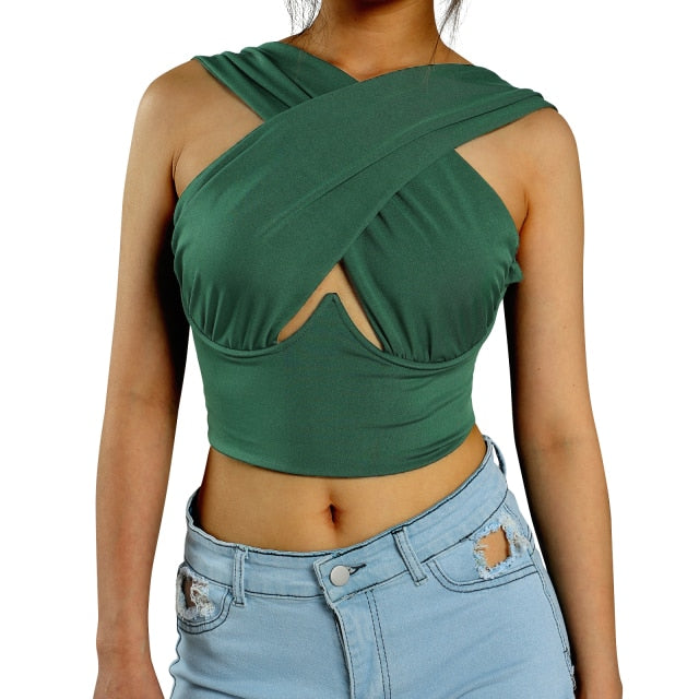 Women's Criss Cross Tank Tops Sexy Sleeveless Solid Color Cutout Front Crop Tops Party Club Streetwear Summer Lady Bustier Tops