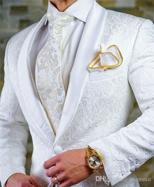 Custom size Jacquard Groomsmen white Groom Tuxedos Shawl Lapel Men Suits Wedding Prom Best Man Blazer Jacket with Pants Set