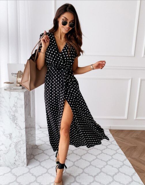 Bobo Women Dark Blue Boho Loose Sleeveless Holiday Dot Print Long Maxi Dress Evening Party Beach Dresses Summer Sundress