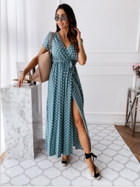 Bobo Women Dark Blue Boho Loose Sleeveless Holiday Dot Print Long Maxi Dress Evening Party Beach Dresses Summer Sundress