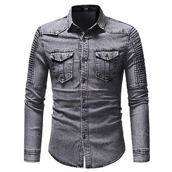 Denim Shirt Mens Cotton Jeans Shirt Fashion Autumn Slim Long Sleeve Cowboy Shirts Stylish Wash Slim Tops Dress