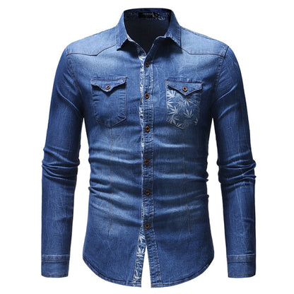 Denim Shirt Mens Cotton Jeans Shirt Fashion Autumn Slim Long Sleeve Cowboy Shirts Stylish Wash Slim Tops Dress