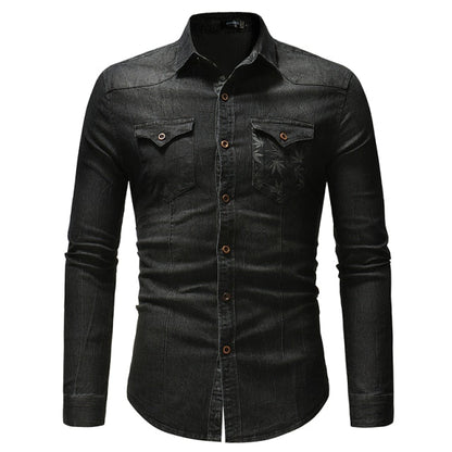 Denim Shirt Mens Cotton Jeans Shirt Fashion Autumn Slim Long Sleeve Cowboy Shirts Stylish Wash Slim Tops Dress