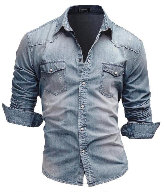 Denim Shirt Mens Cotton Jeans Shirt Fashion Autumn Slim Long Sleeve Cowboy Shirts Stylish Wash Slim Tops Dress