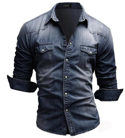 Denim Shirt Mens Cotton Jeans Shirt Fashion Autumn Slim Long Sleeve Cowboy Shirts Stylish Wash Slim Tops Dress