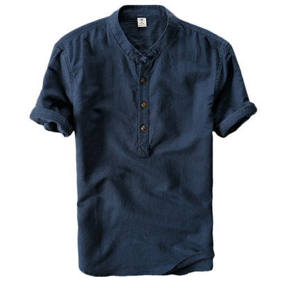 Helisopus Men Casual Cotton Linen Shirts Summer Brand Short Sleeve Shirt Mandarin Collar Solid Color Retro Shirt Tees