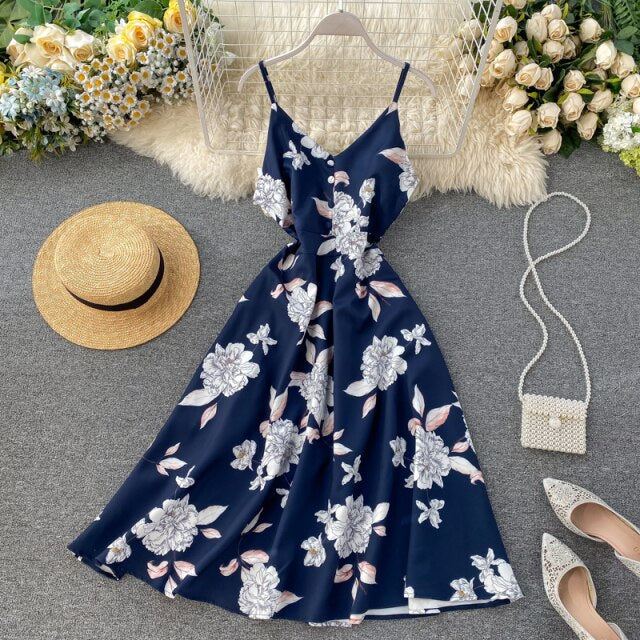 Boho V Neck Floral Print Slim Sexy Spaghetti Strap Midi Long Summer Casual Party Women A-Line Beach Holiday Dress