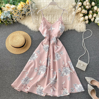 Boho V Neck Floral Print Slim Sexy Spaghetti Strap Midi Long Summer Casual Party Women A-Line Beach Holiday Dress