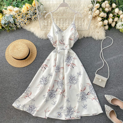 Boho V Neck Floral Print Slim Sexy Spaghetti Strap Midi Long Summer Casual Party Women A-Line Beach Holiday Dress