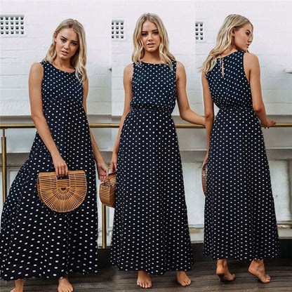 Bobo Women Dark Blue Boho Loose Sleeveless Holiday Dot Print Long Maxi Dress Evening Party Beach Dresses Summer Sundress