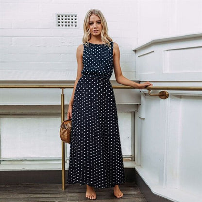 Bobo Women Dark Blue Boho Loose Sleeveless Holiday Dot Print Long Maxi Dress Evening Party Beach Dresses Summer Sundress