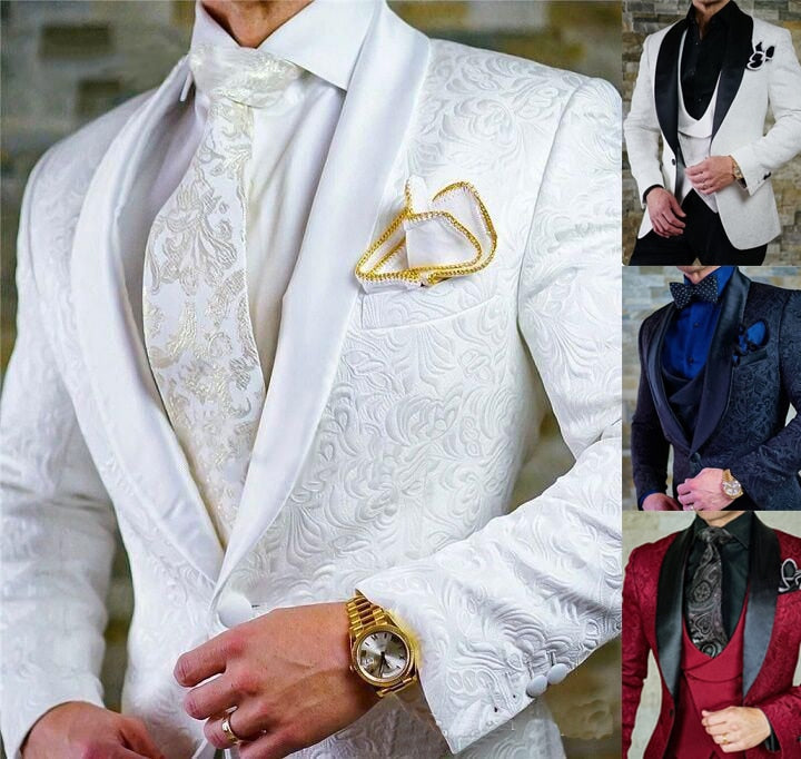 Custom size Jacquard Groomsmen white Groom Tuxedos Shawl Lapel Men Suits Wedding Prom Best Man Blazer Jacket with Pants Set