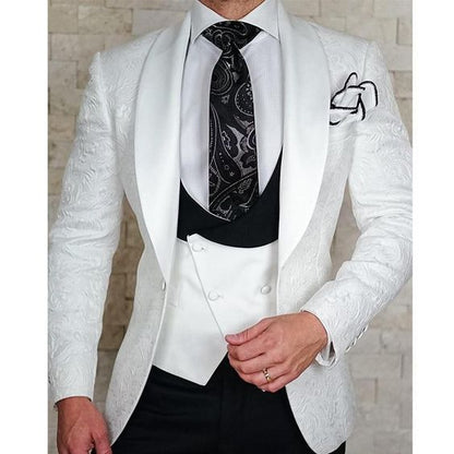 Custom size Jacquard Groomsmen white Groom Tuxedos Shawl Lapel Men Suits Wedding Prom Best Man Blazer Jacket with Pants Set