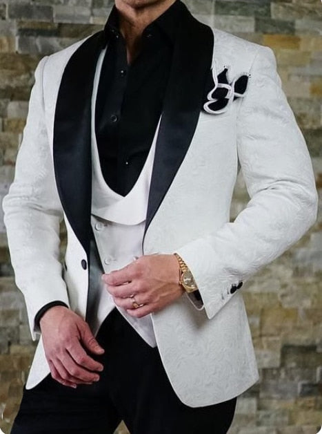 Custom size Jacquard Groomsmen white Groom Tuxedos Shawl Lapel Men Suits Wedding Prom Best Man Blazer Jacket with Pants Set