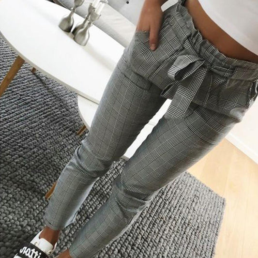 Women Pants Fashion Plaid Pleated High Waist Skinny Pencil Pants Trousers with Sash Slim Casual Fashion Outwear брюки женские