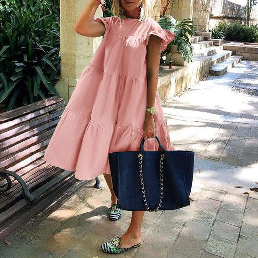 Women Summer Dress Casual Loose Short Sleeve Party Dresses Sweet O Neck Ruffled A Line Female Robe Dress Plus Size Vestidos