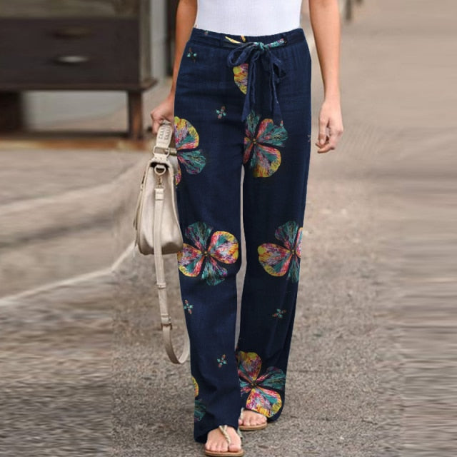 Vintage Printed Pants Women's Autumn Trousers ZANZEA Casual Elastic Waist Pantalon Palazzo Female Drawstring Long Turnip