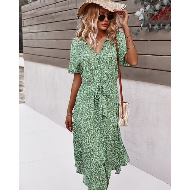 Dresses For Women Casual Short Sleeve Beach Dresses Women's Summer Holiday Sundress Floral Long Dress Tunics Robe Femmle