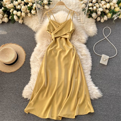 Women Sexy Satin Evening Dress Summer Off Shoulder High Waist Party Long Dresses Female Elegant Beach Robe Vestidos