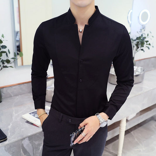 Autumn Men's Stand Collar Casual Shirt Masculina Boutique Long-Sleeved Slim Men's Solid Color Business Dress Shirt Size 5XL