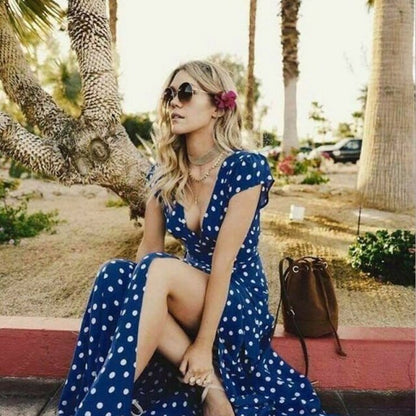 Bobo Women Dark Blue Boho Loose Sleeveless Holiday Dot Print Long Maxi Dress Evening Party Beach Dresses Summer Sundress