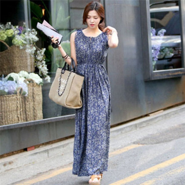 Bobo Women Dark Blue Boho Loose Sleeveless Holiday Dot Print Long Maxi Dress Evening Party Beach Dresses Summer Sundress