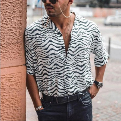 New Summer Hawaiian Men Shirts Short Sleeve Work Shirt Men Striped Print Blouse Casual Button Up Shirts Camisas De Hombre