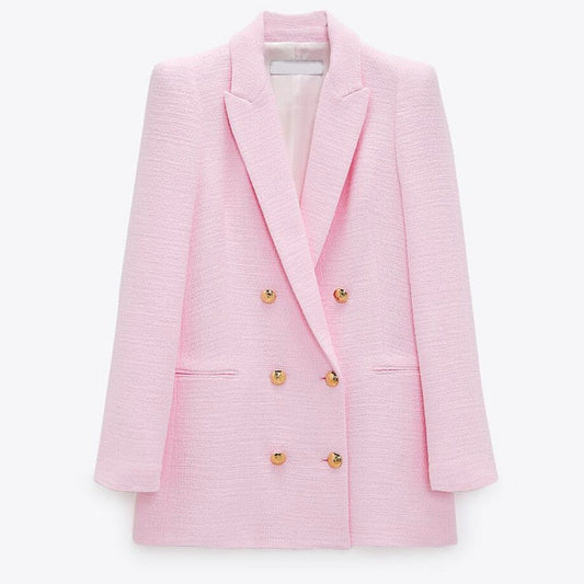 Spring Autumn Women Fashion Vintage Pink Tweed Blazer Coat Chic Pockets Suit Jacket Female Office Outerwear