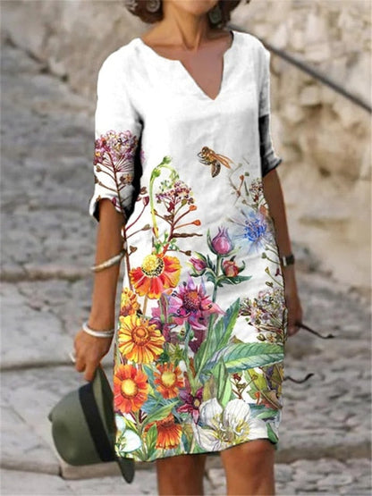 New Woman Vintage Floral Print Dress Summer Fashion Slim V-Neck Half Sleeve Midi Dresses Female Elegant A-Line Beach Dress