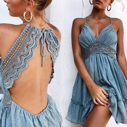 Summer Women Lace Mini Dress Sexy Backless V-neck Beach Dresses Halter Sleeveless Spaghetti Strap Ruffle Sundress White Dress