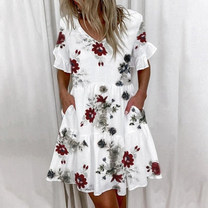 Women Ruffles Mini Dress Elegant  A-Line Sexy V Neck Floral Print Vintage Dresses Female Loose Pocket Casual Party Vestidos