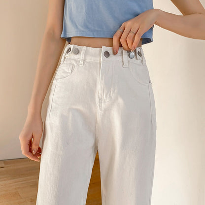 White Women's Jeans Korean Fashion High Waist Straight Skinny Casual Denim Trousers Trend Vintage Female Pants Spring New