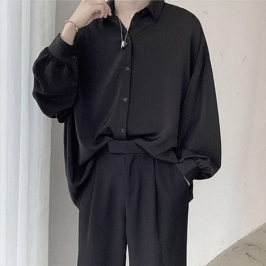 maoxiangshop Black Long-sleeved Shirts Men Korean Comfortable Blouses Casual Loose Single Breasted Shirt With Tie