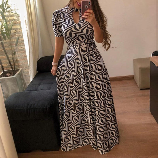 Vintage Floral Print Short Sleeve Long Dress Summer Casual Slim Women New Elegant Belt Bodycon Party Robe Holiday Maxi Vestidos